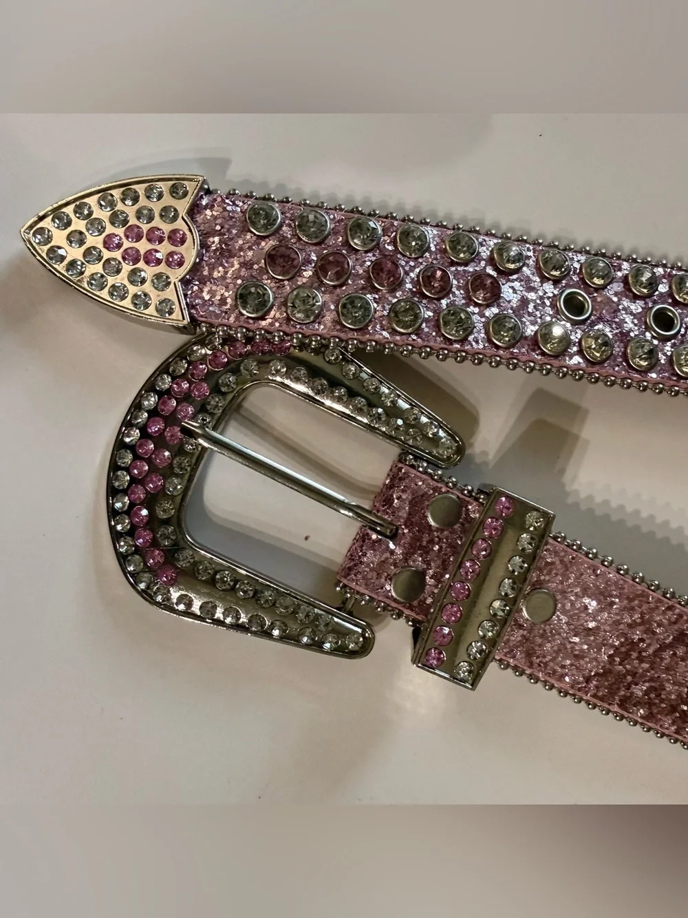 Quality rhinestone, glitter leather, silvertone grommet western belt- 37-43